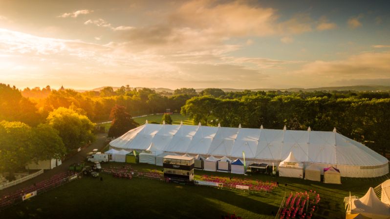 Sunset view of the Competition Marquee at the end of a show day